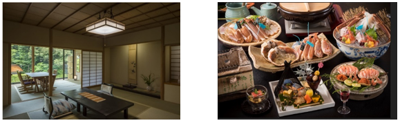 　「たちばな四季亭」 露天風呂付き客室(一例)　　　　　夕食(一例)：お造り、香箱蟹、焼き蟹、蟹鍋