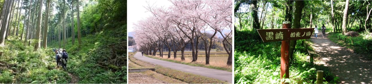 左）観音山　中央）健康ロード　→）加賀海岸