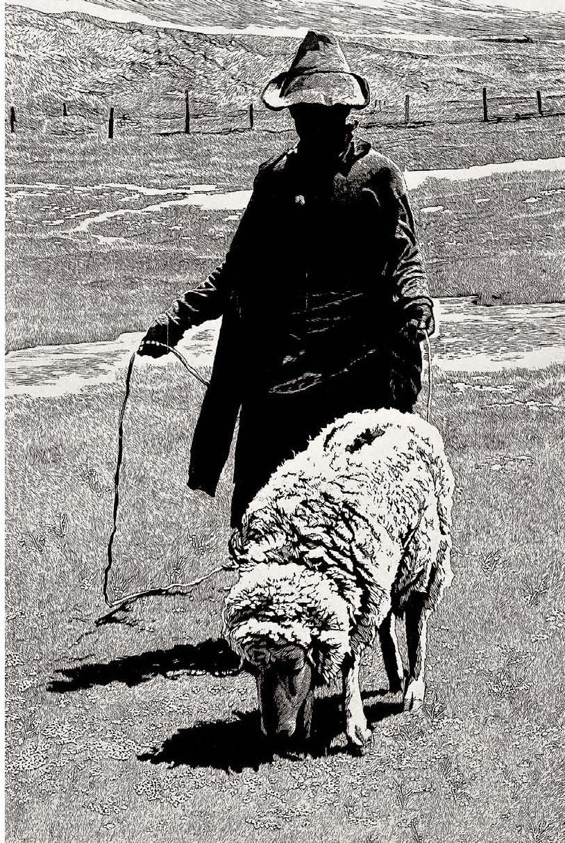 徐匡Xu Kuang《ザーシと彼の羊》2005年、木版画