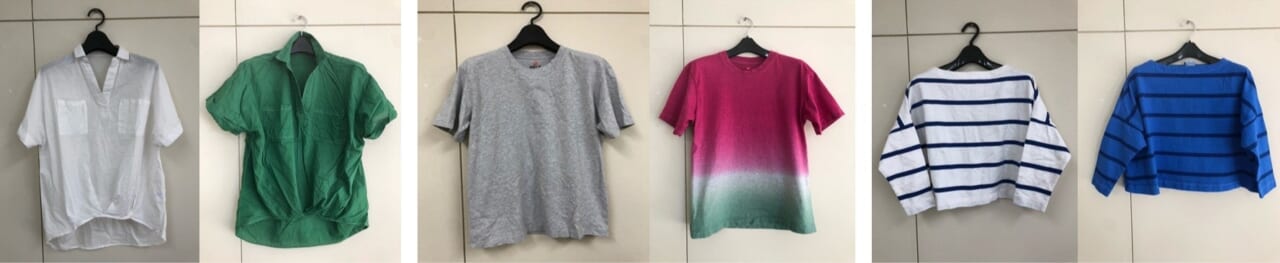 それぞれ　Before →After の画像。染色しよみがえった服たち 