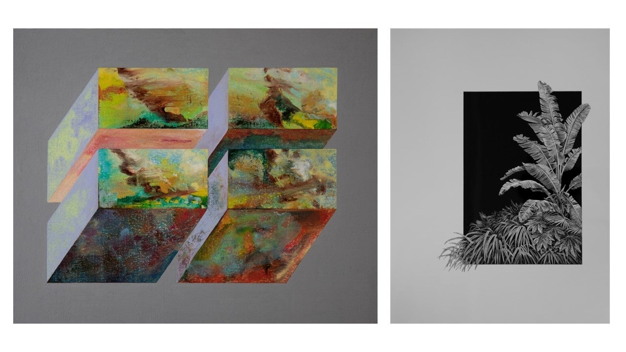 左：「gesture」2022 素材 acrylic on canvas、右：「observation」2022／Gouache,lacquer on wood panel332×242㎜