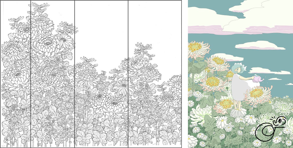 京友禅草稿　留袖『菊』（左）と、「あー」氏の作品『つづく』（右）