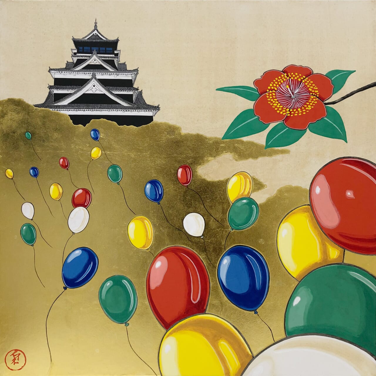 「熊本城バルーン図」紙本着色金雲彩S10号（53×53cm）2023年制作 ©︎Taro YAMAMOTO,2023
