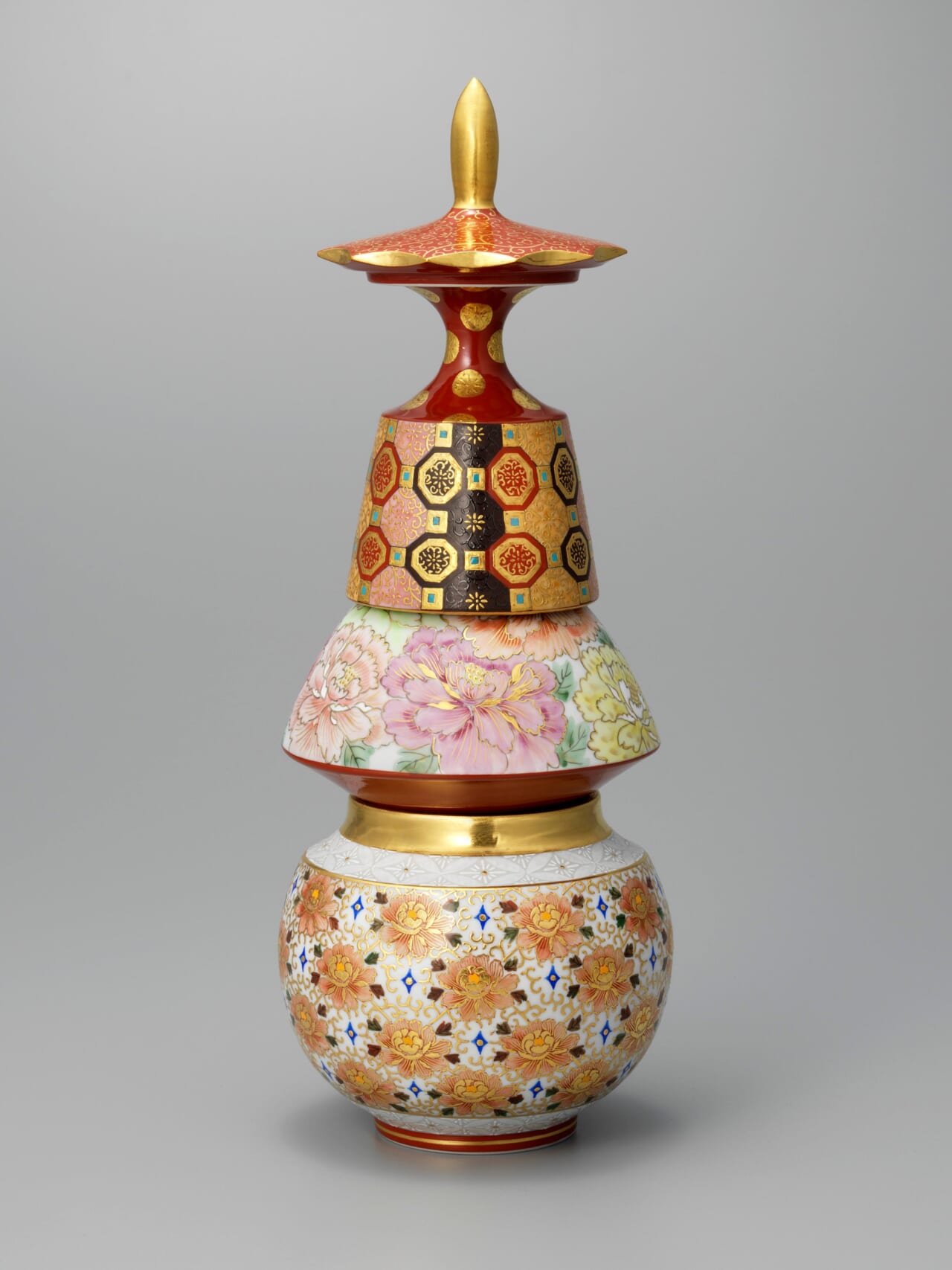 錦山窯　華鳥夢譚 冨貴(壺セット)　(径14×高さ37.5㎝)